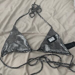 Silver Sequin Triangle Bikini Top